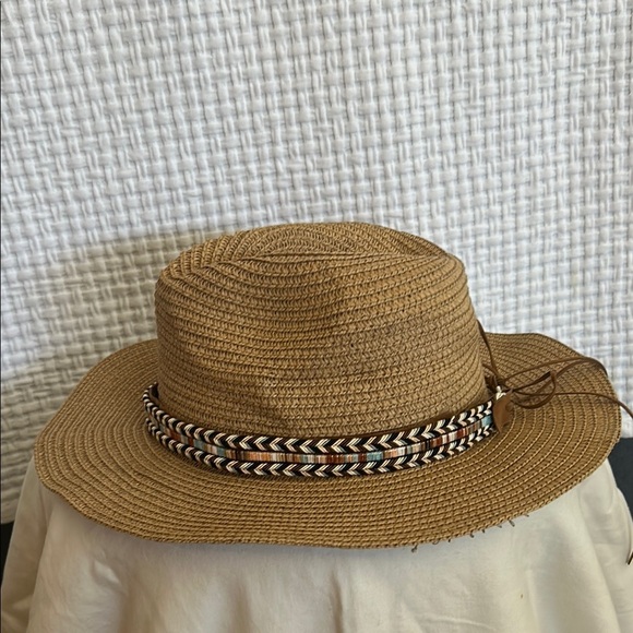 Lulla Collection Stylish Tan Woven Hat with Patterned Band - Picture 2 of 6